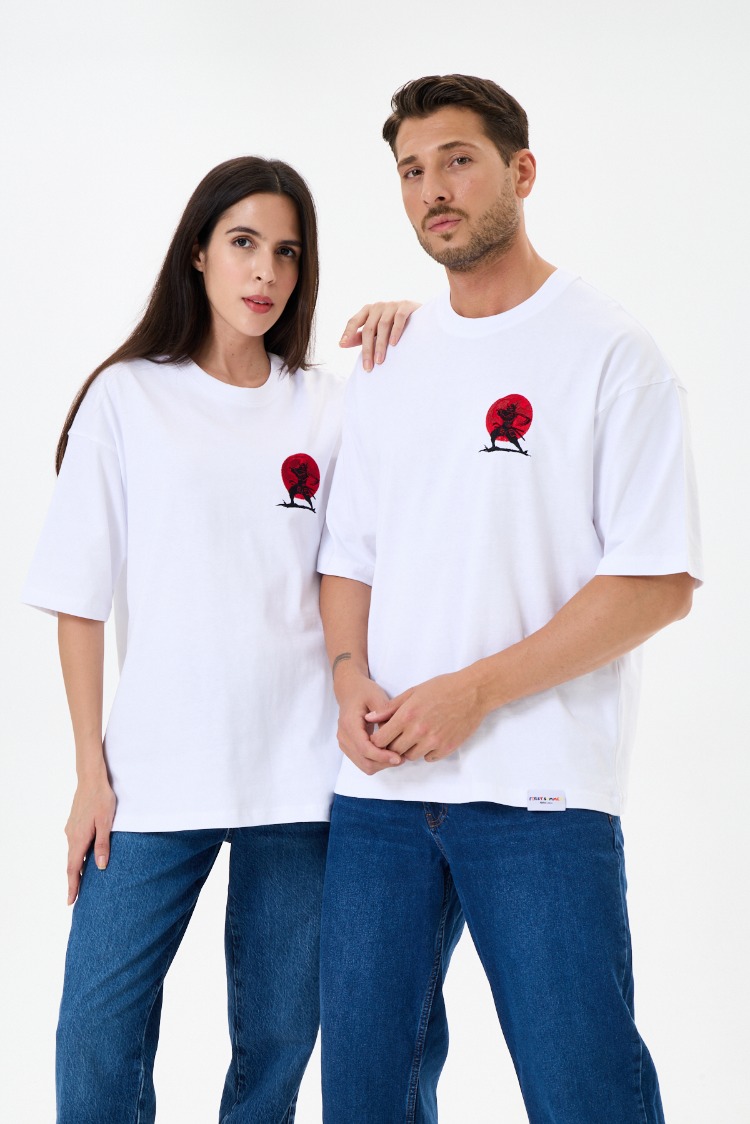 Nakış Detaylı Oversize Tişört Beyaz MM (Unisex)