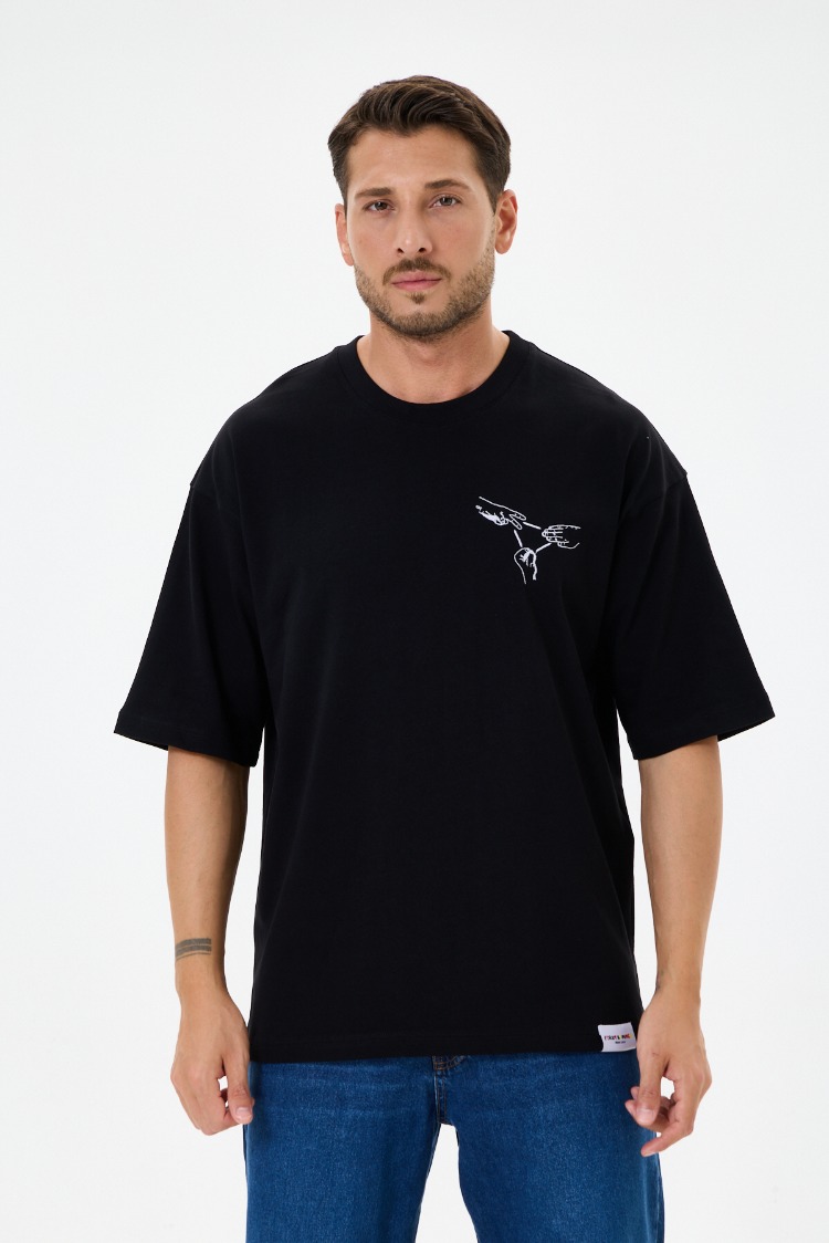 Nakış Detaylı Oversize Tişört Siyah RPS (Unisex)