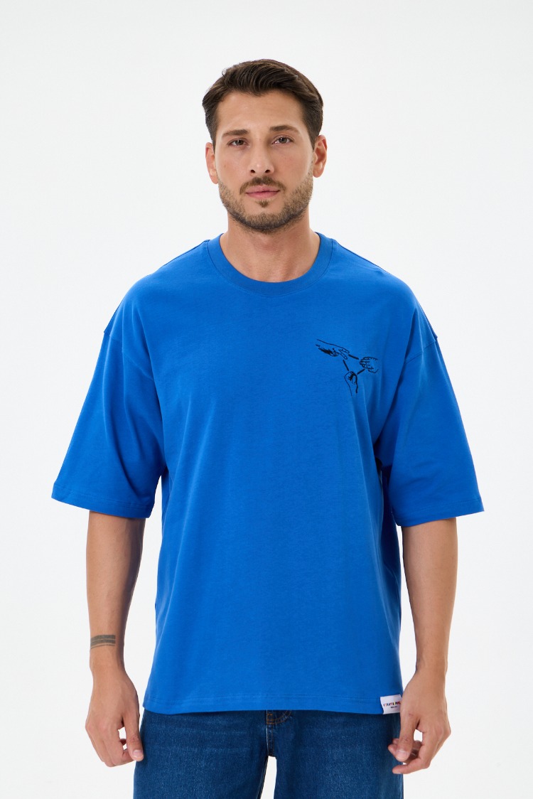Nakış Detaylı Oversize Tişört Mavi RPS (Unisex)