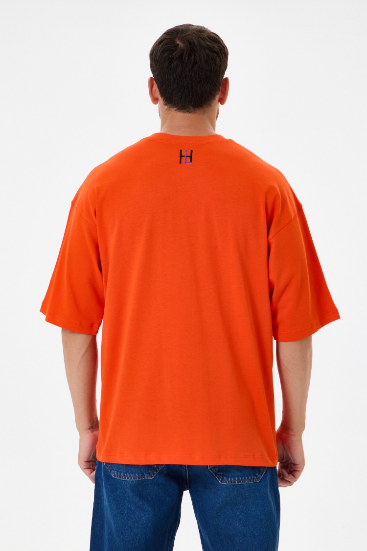 Nakış Detaylı Oversize Tişört Turuncu MM (Unisex)