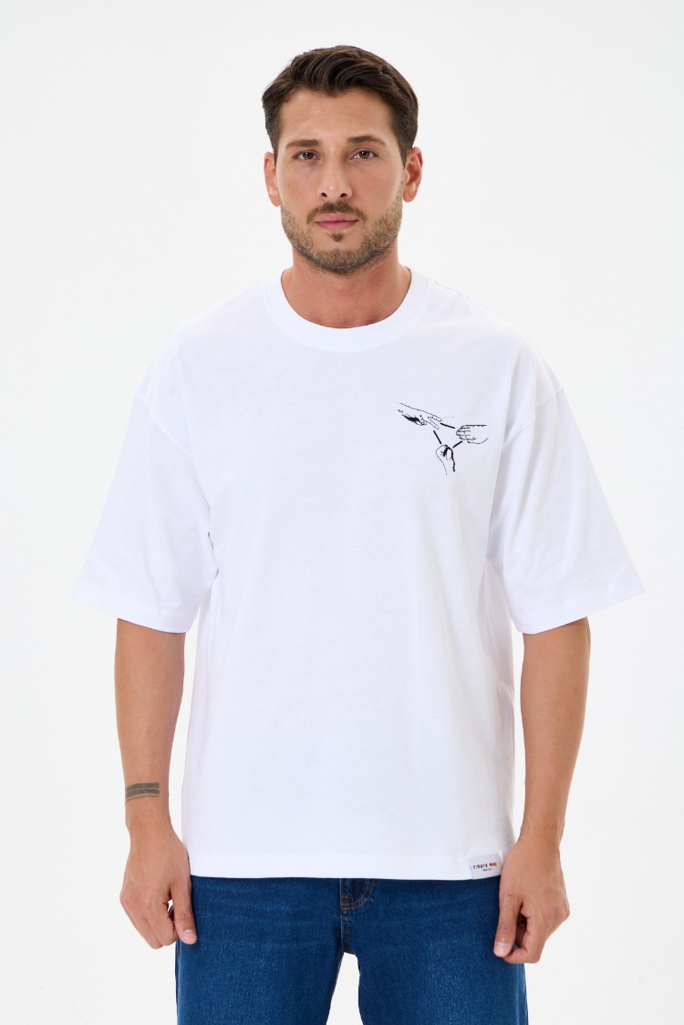 Nakış Detaylı Oversize Tişört Beyaz RPS (Unisex)