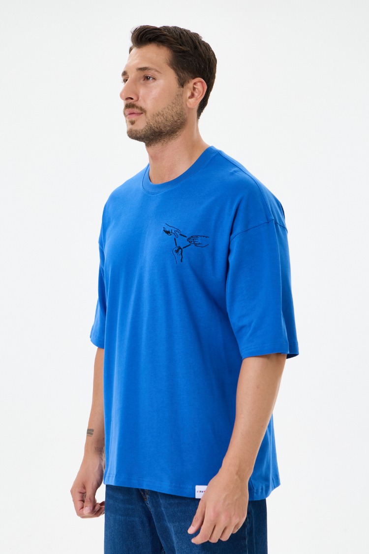 Nakış Detaylı Oversize Tişört Mavi RPS (Unisex)