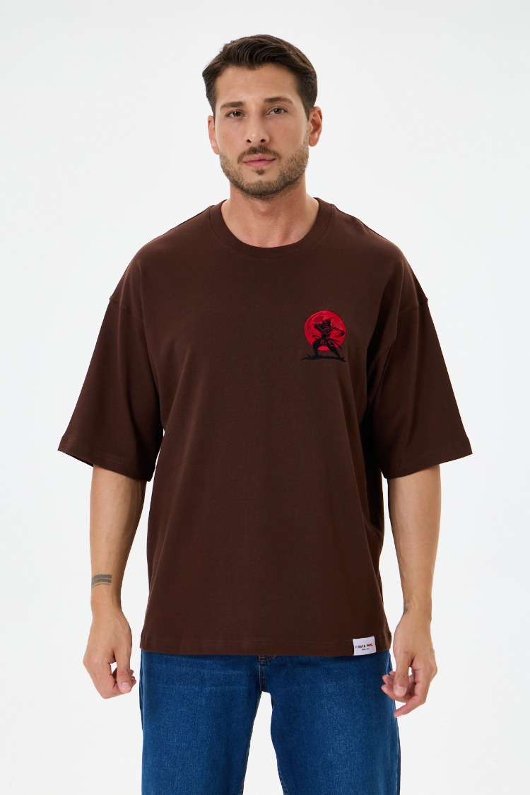 Nakış Detaylı Oversize Tişört Kahverengi MM (Unisex)