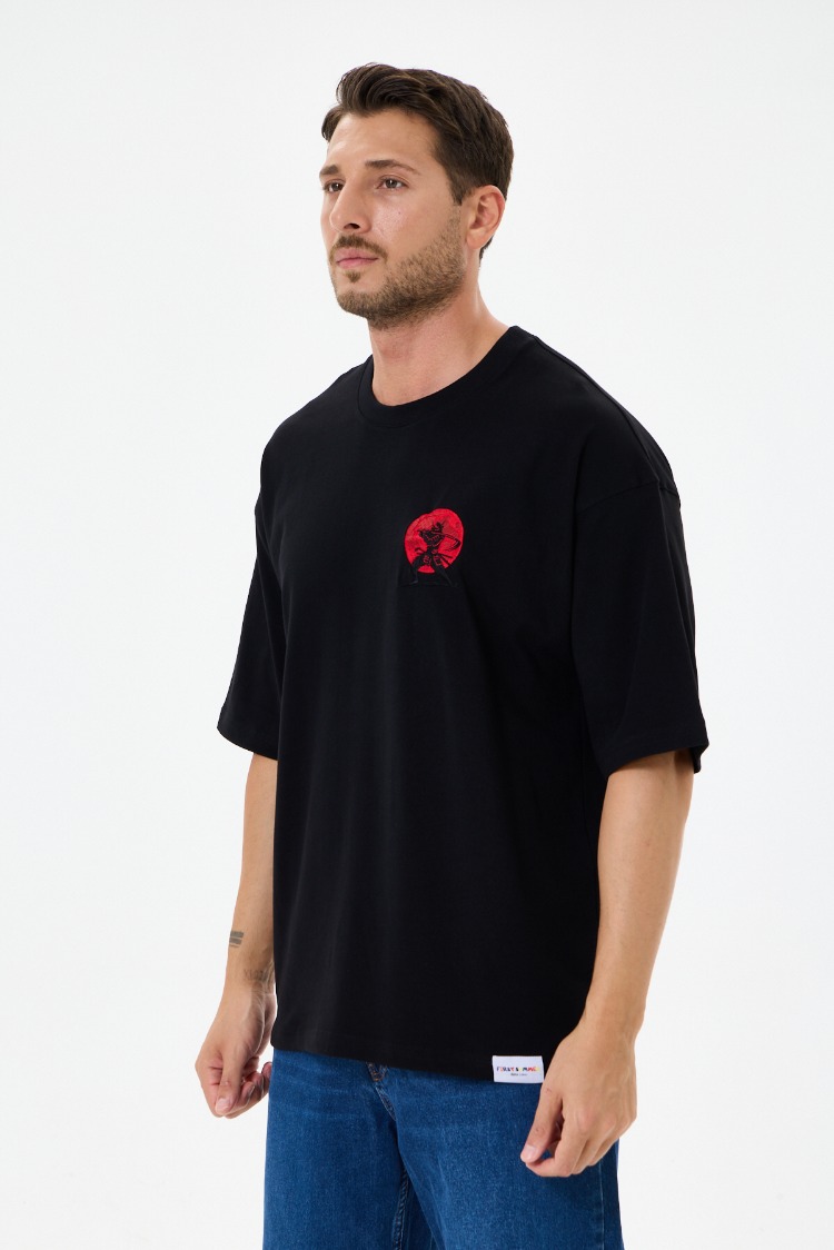 Nakış Detaylı Oversize Tişört Siyah MM (Unisex)
