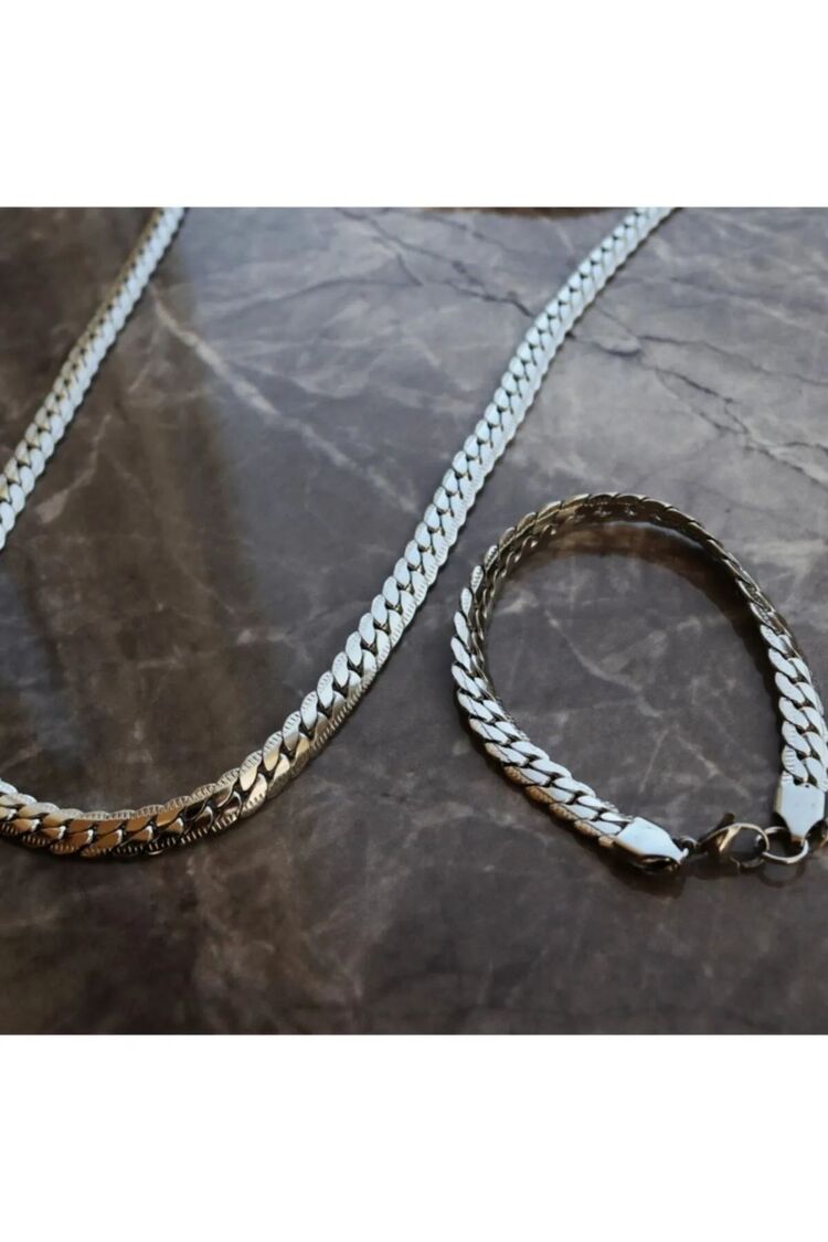 Gümüş Renk Çelik Plüton Örme Snake Unisex Kolye & Bileklik Set Vip Kararmaz Çelik Set

