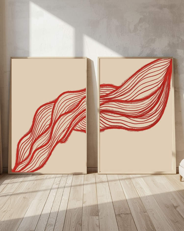 Kırmızı Soyut Çizgi Sanatı Seti, Minimalist Dipti̇k Baskı, Modern Bej Duvar Dekoru 