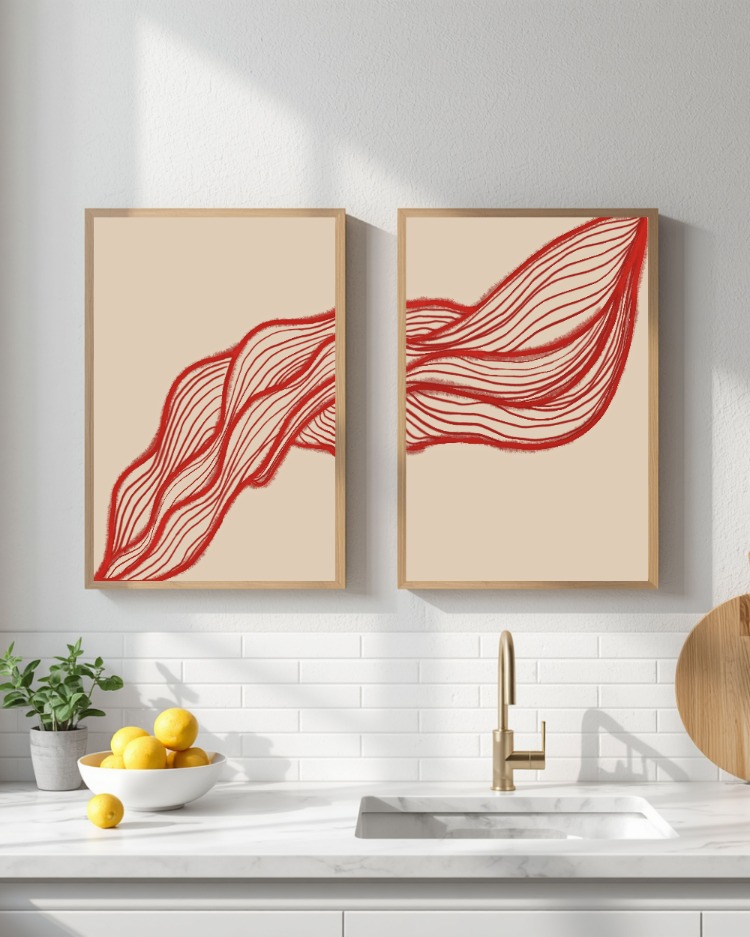 Kırmızı Soyut Çizgi Sanatı Seti, Minimalist Dipti̇k Baskı, Modern Bej Duvar Dekoru 