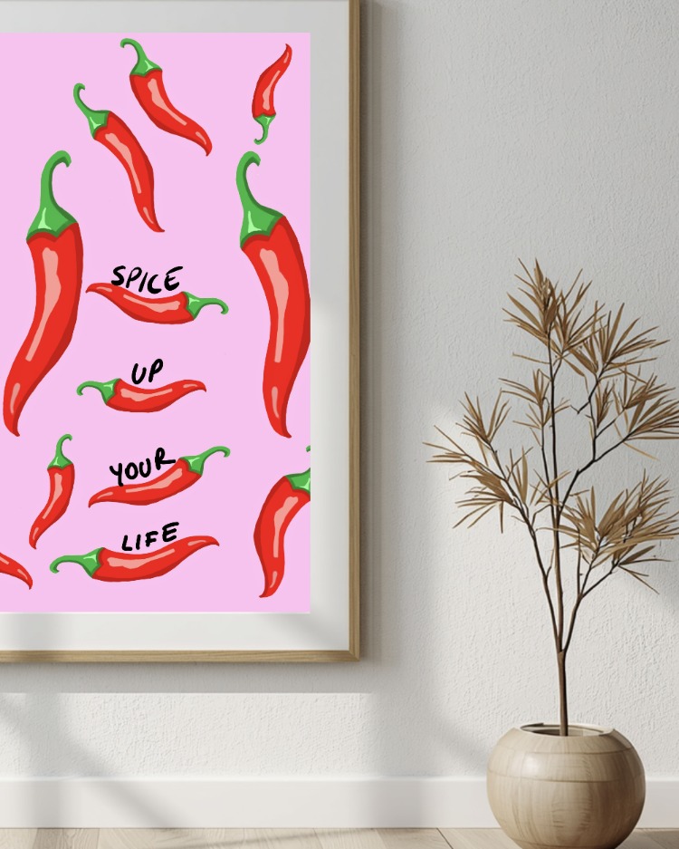 Acı Biber Baskı Duvar Sanatı – Pembe Modern Mutfak Dekoru (Dijital İndirme)