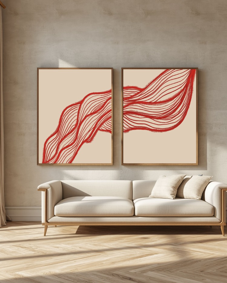 Kırmızı Soyut Çizgi Sanatı Seti, Minimalist Dipti̇k Baskı, Modern Bej Duvar Dekoru 