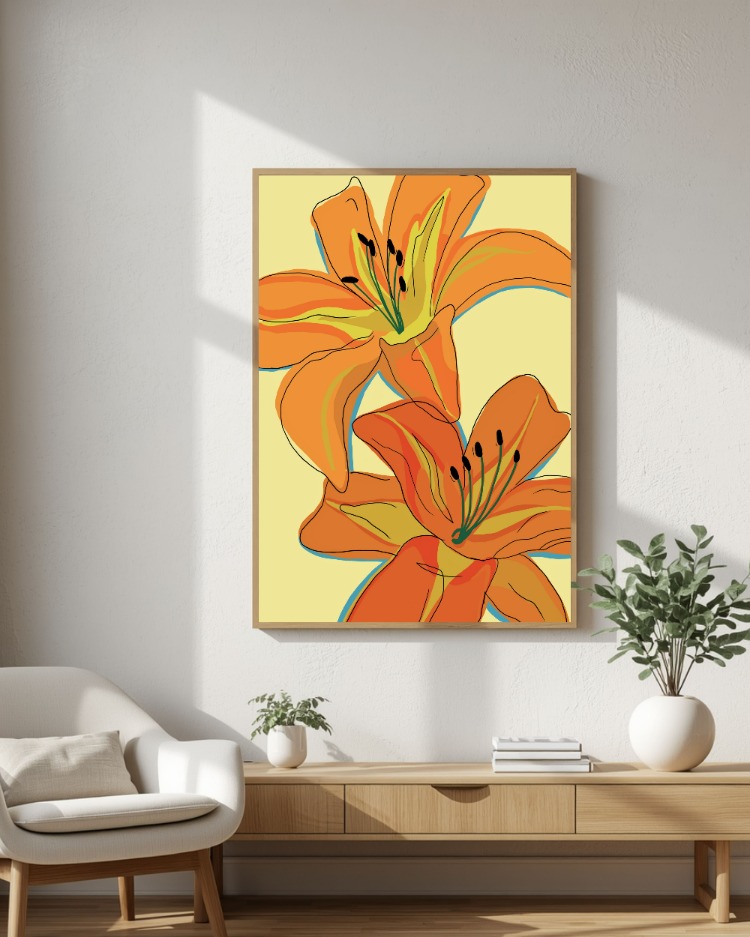 Turuncu Zambak Posteri | Modern Çiçek Duvar Sanatı, Minimalist Botanik Dekor (Dijital İndirme)