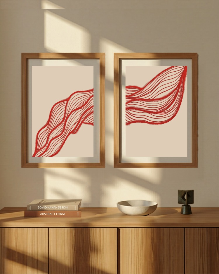 Kırmızı Soyut Çizgi Sanatı Seti, Minimalist Dipti̇k Baskı, Modern Bej Duvar Dekoru 