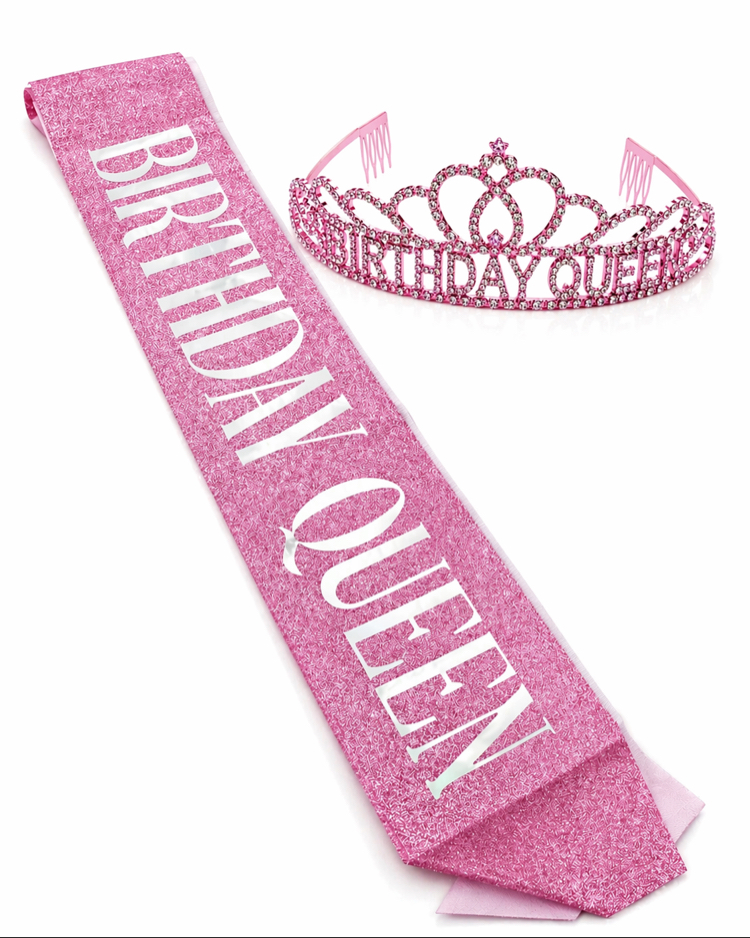 Pink Birthday Queen Premium Doğum Günü Tacı ve Kuşak Set