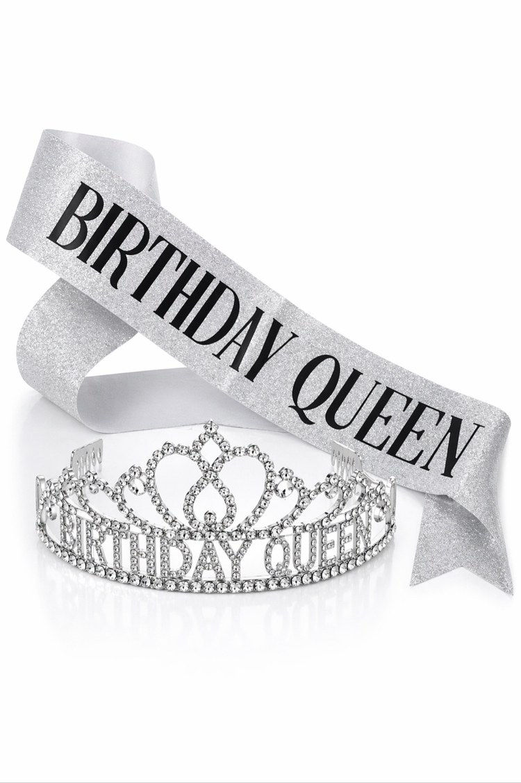 Silver Birthday Queen Premium Doğum Günü Tacı ve Kuşak Set