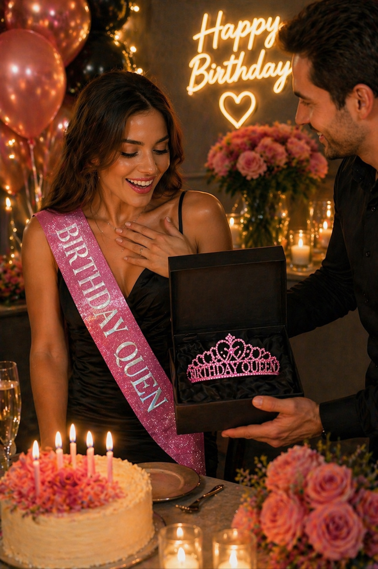 Pink Birthday Queen Premium Doğum Günü Tacı ve Kuşak Set