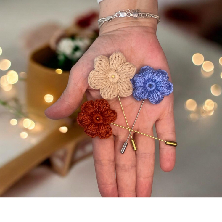 El yapımı kroşe çiçek pin broş yaka iğnesi