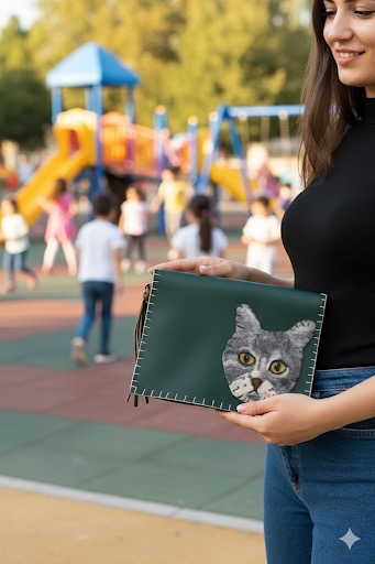 Yeşil kedi detaylı çanta
