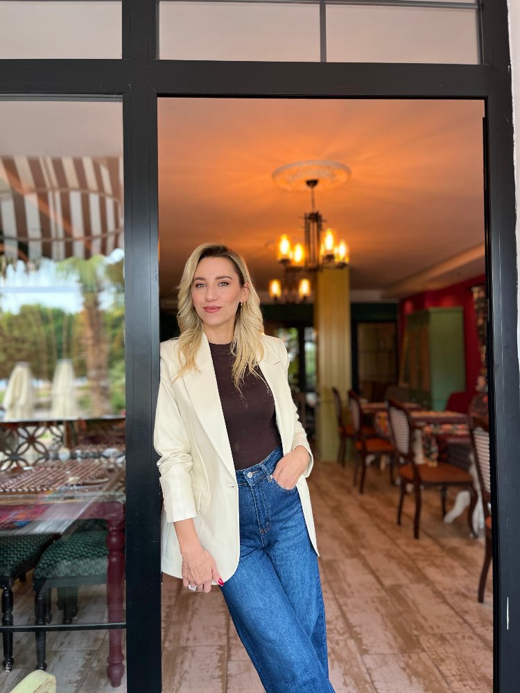 Bej Deri Blazer Ceket