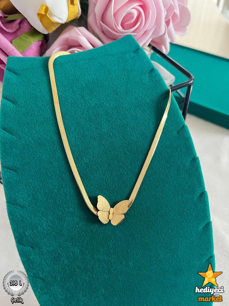 316 L Gold Renk Italyan Model Kelebek Figür Kadın Çelik Kolye - HMÇK-0056 || HM-03-00137-04