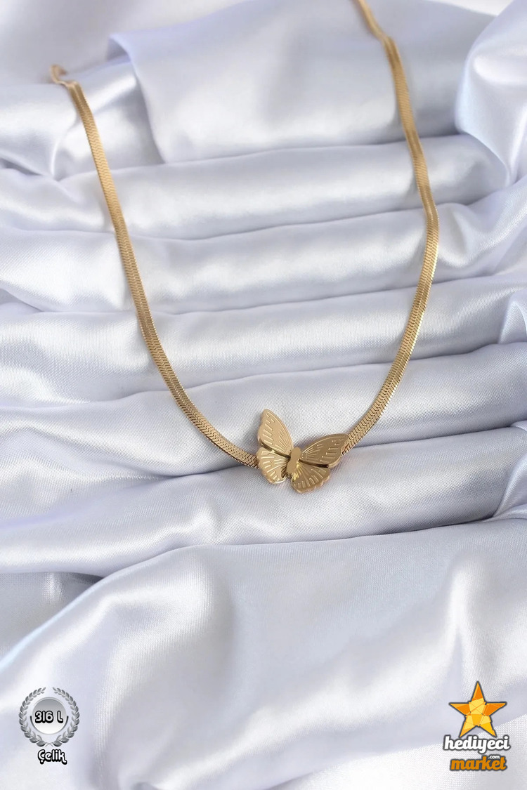 316 L Gold Renk Italyan Model Kelebek Figür Kadın Çelik Kolye - HMÇK-0056 || HM-03-00137-04