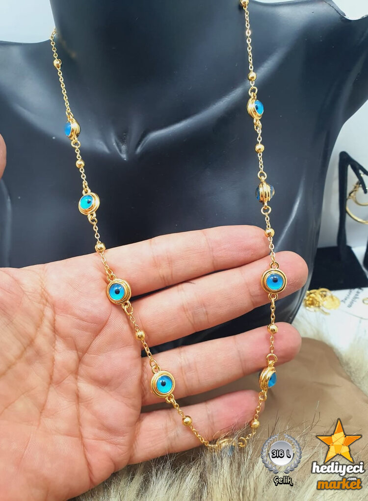 316 L Nazar Boncuğu Detaylı Gold Renk Çelik Kadın Şans Kolyesi - HMÇK-0058 || HM-03-00137-06