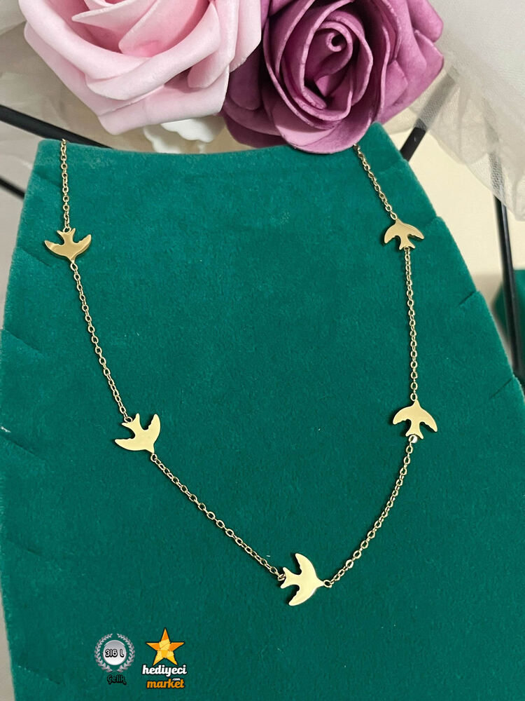 316 L Kuş Figürlü Gold Renk Çelik Kadın Kolye - HMÇK-0057 || HM-03-00137-05