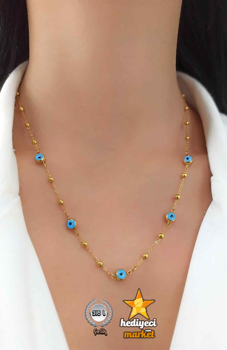 316 L Nazar Boncuğu Detaylı Gold Renk Çelik Kadın Şans Kolyesi - HMÇK-0058 || HM-03-00137-06