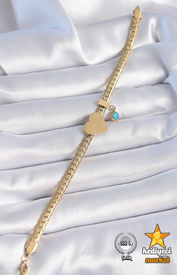 316 L Gold Yassı Zincir Model Kalp Figür Nazar Boncuk Çelik Kadın Bileklik || HM-03-00138-01