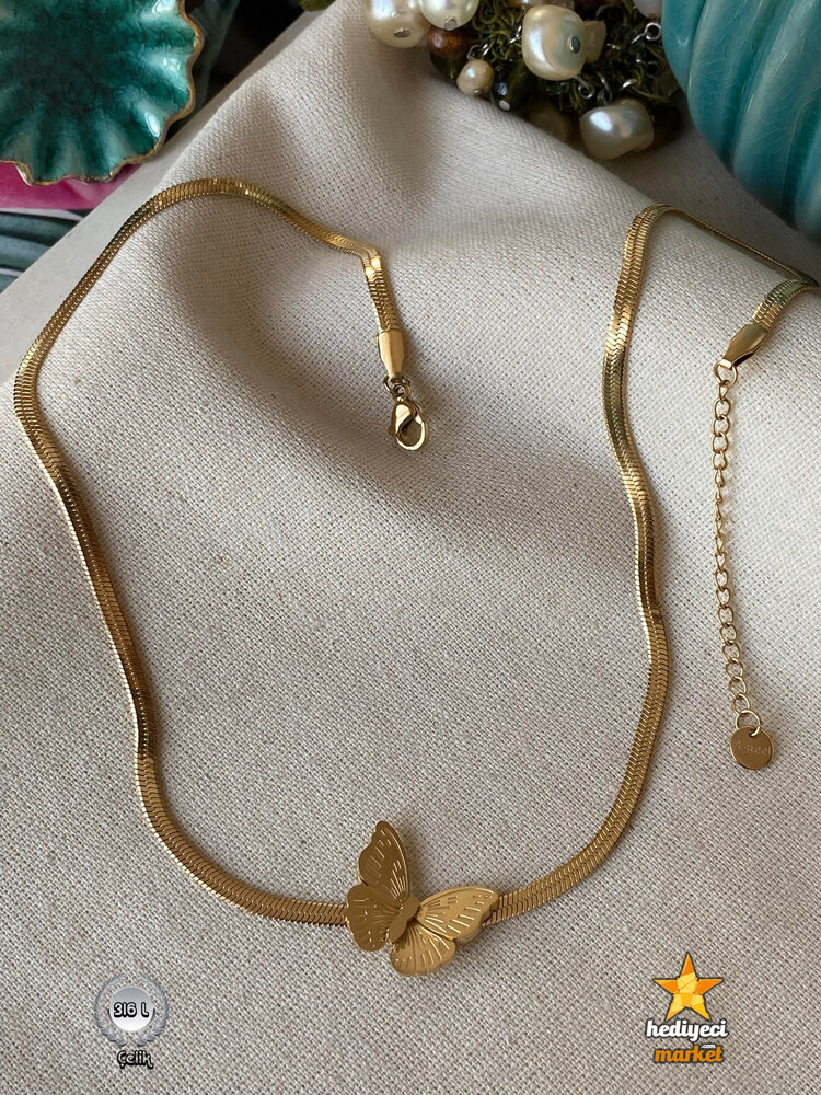 316 L Gold Renk Italyan Model Kelebek Figür Kadın Çelik Kolye - HMÇK-0056 || HM-03-00137-04