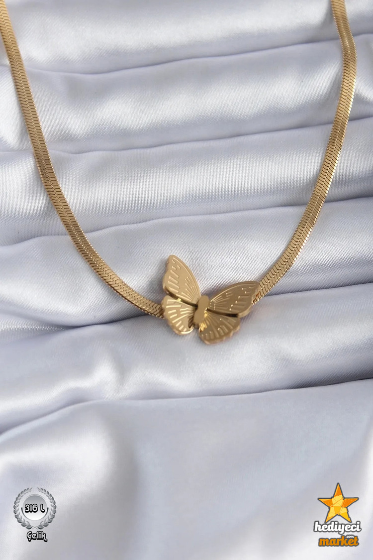 316 L Gold Renk Italyan Model Kelebek Figür Kadın Çelik Kolye - HMÇK-0056 || HM-03-00137-04