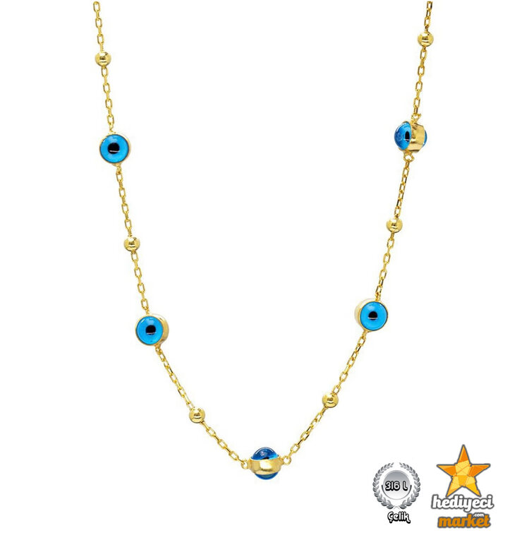 316 L Nazar Boncuğu Detaylı Gold Renk Çelik Kadın Şans Kolyesi - HMÇK-0058 || HM-03-00137-06