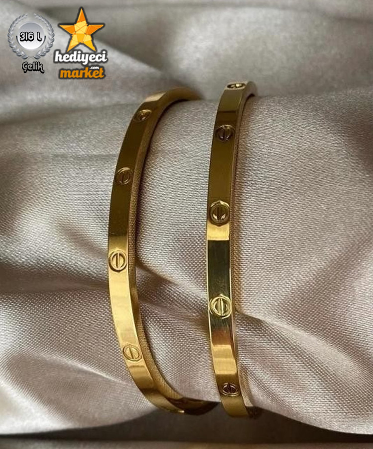 316 L Paslanmaz Taşsız Kelepçe Bilezik Altı Rengi Çelik Bileklik - HMÇB-0077 || HM-03-00136-07