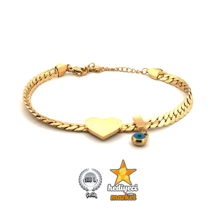 316 L Gold Yassı Zincir Model Kalp Figür Nazar Boncuk Çelik Kadın Bileklik || HM-03-00138-01