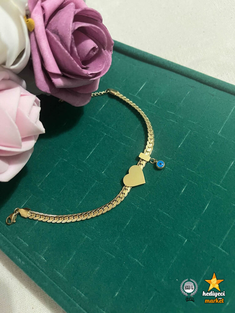 316 L Gold Yassı Zincir Model Kalp Figür Nazar Boncuk Çelik Kadın Bileklik || HM-03-00138-01