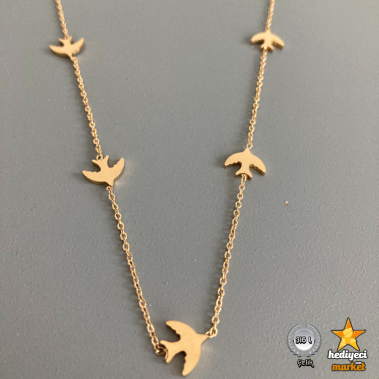 316 L Kuş Figürlü Gold Renk Çelik Kadın Kolye - HMÇK-0057 || HM-03-00137-05
