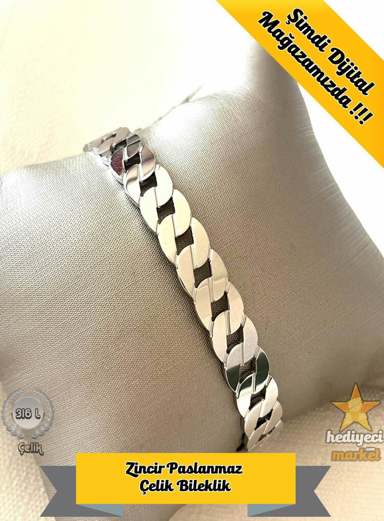 316 L Zincir Paslanmaz Çelik Kelepçe Bileklik - HMÇB-0081 || HM-03-00140-01