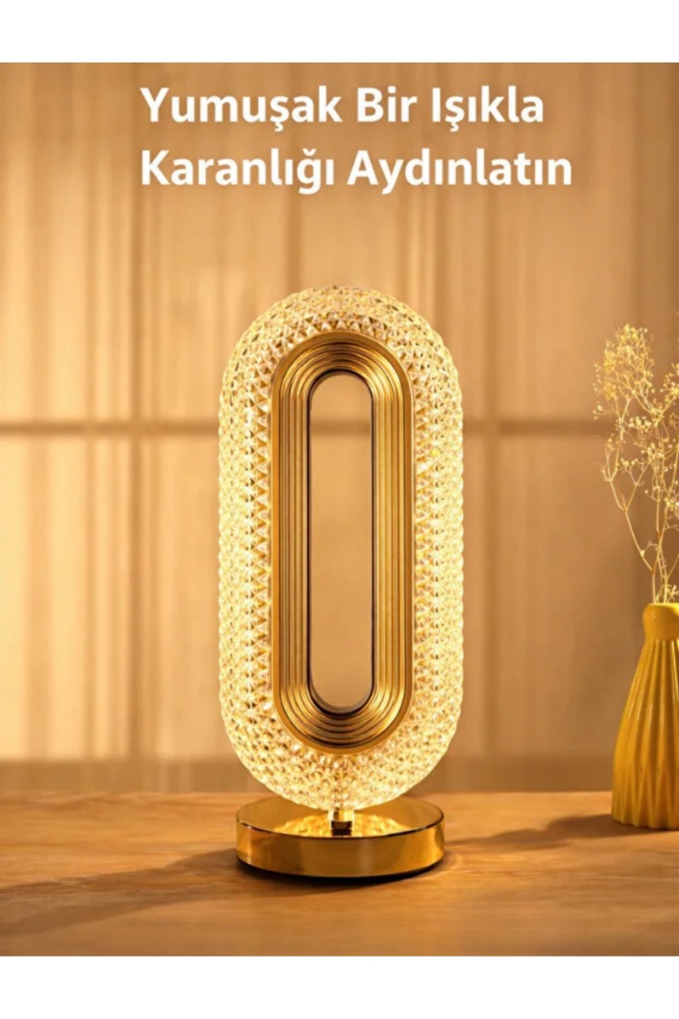 Modern Kristal LED Masa Lambası USB Şarjlı Dekoratif Gece Lambası Gold Oval Tasarım