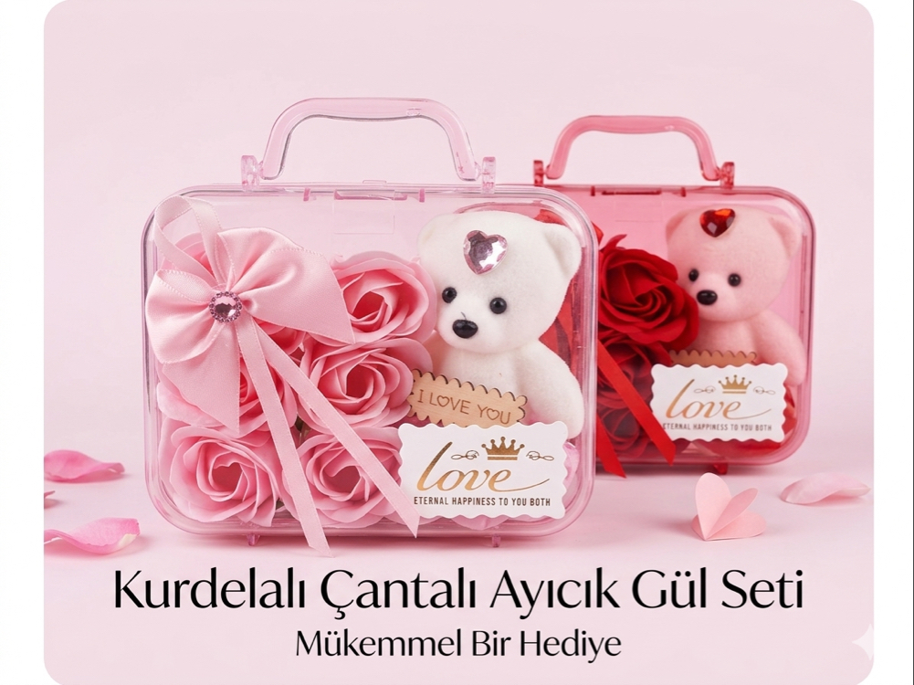kurdaleli Çantalı Gül ayıcık seti
