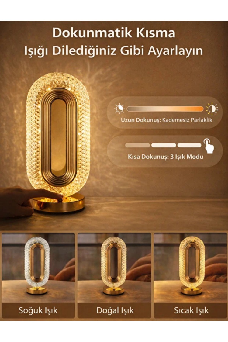 Modern Kristal LED Masa Lambası USB Şarjlı Dekoratif Gece Lambası Gold Oval Tasarım