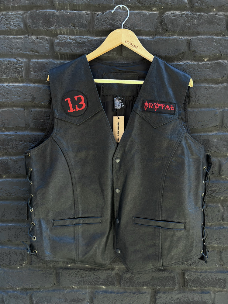 L Vintage Biker Deri Yelek