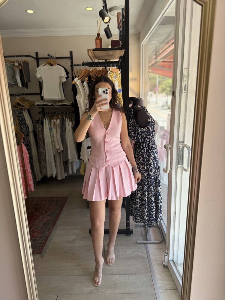 Pembe Yelek Etek Görünümlü Elbise