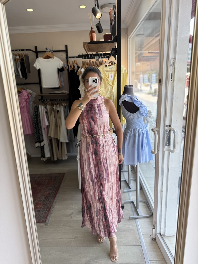 Pembe Desenli Premium Halter Yaka Saten Maxi Elbise