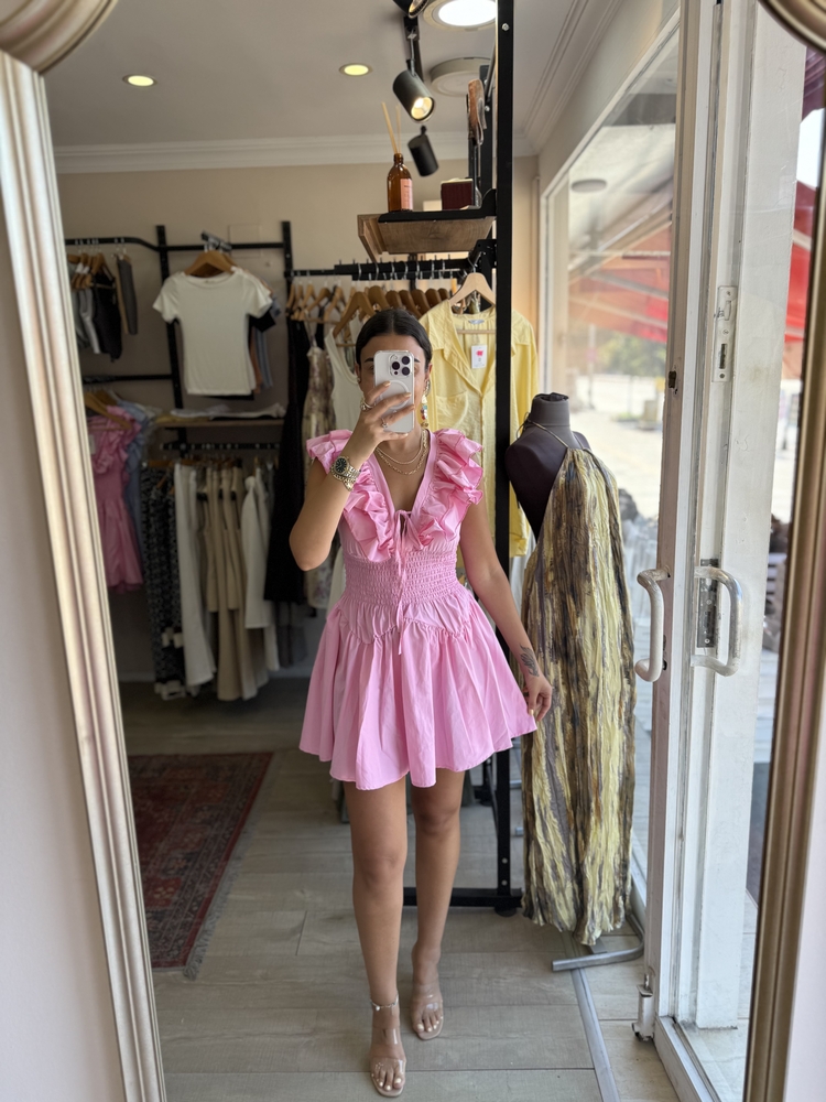 Pembe Yakası Volanlı Mini Elbise