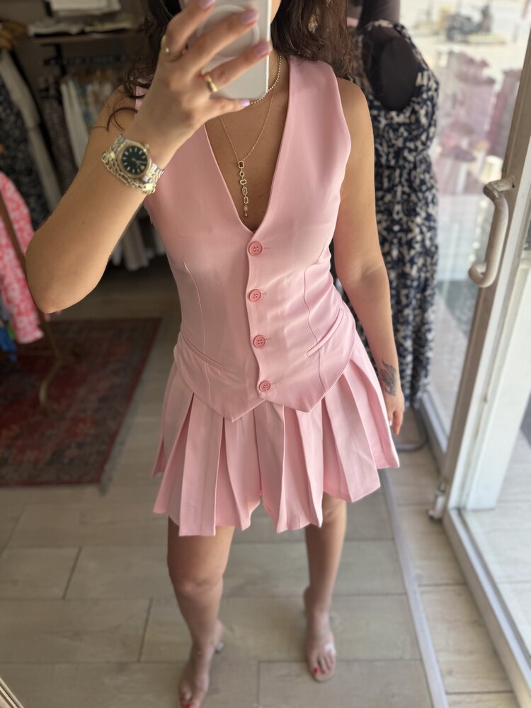 Pembe Yelek Etek Görünümlü Elbise