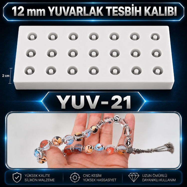 Pinli 12 mm 21 li Yuvarlak Tesbih Silikon Kalıbı