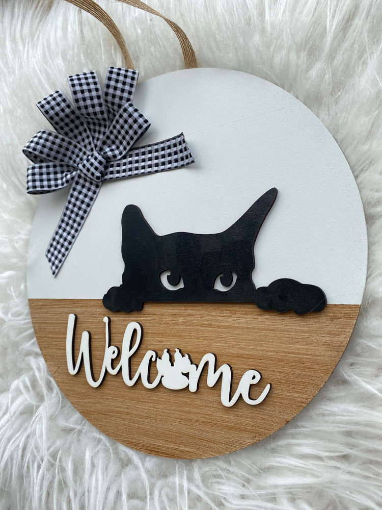 Ahşap Kapı Süsü Kedili Welcome 30 cm