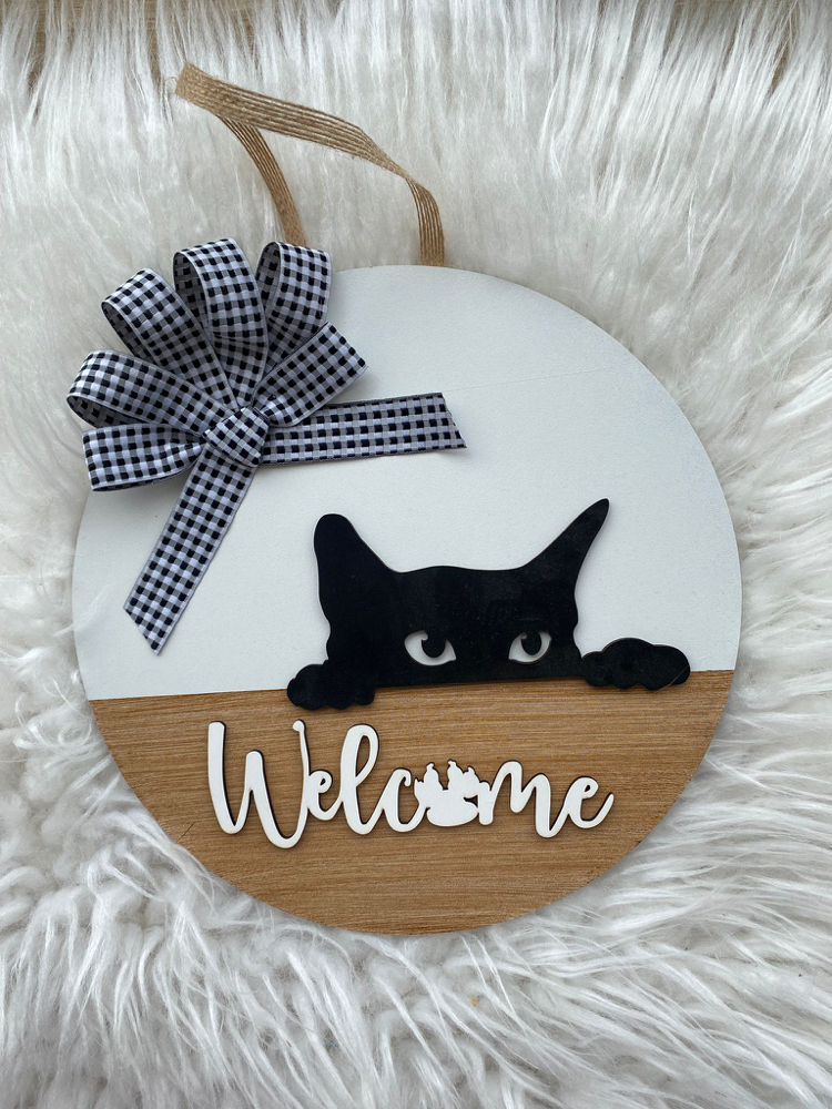 Ahşap Kapı Süsü Kedili Welcome 30 cm