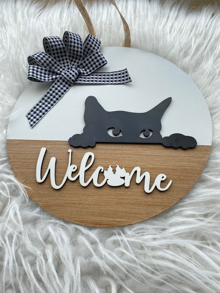 Ahşap Kapı Süsü Kedili Welcome 30 cm