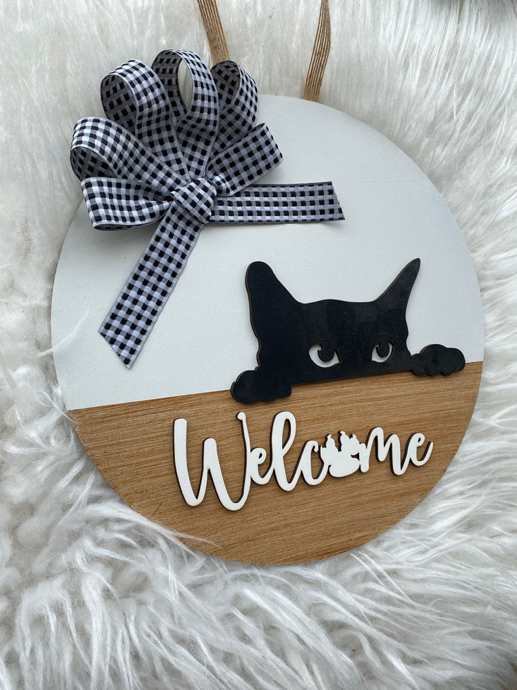 Ahşap Kapı Süsü Kedili Welcome 30 cm