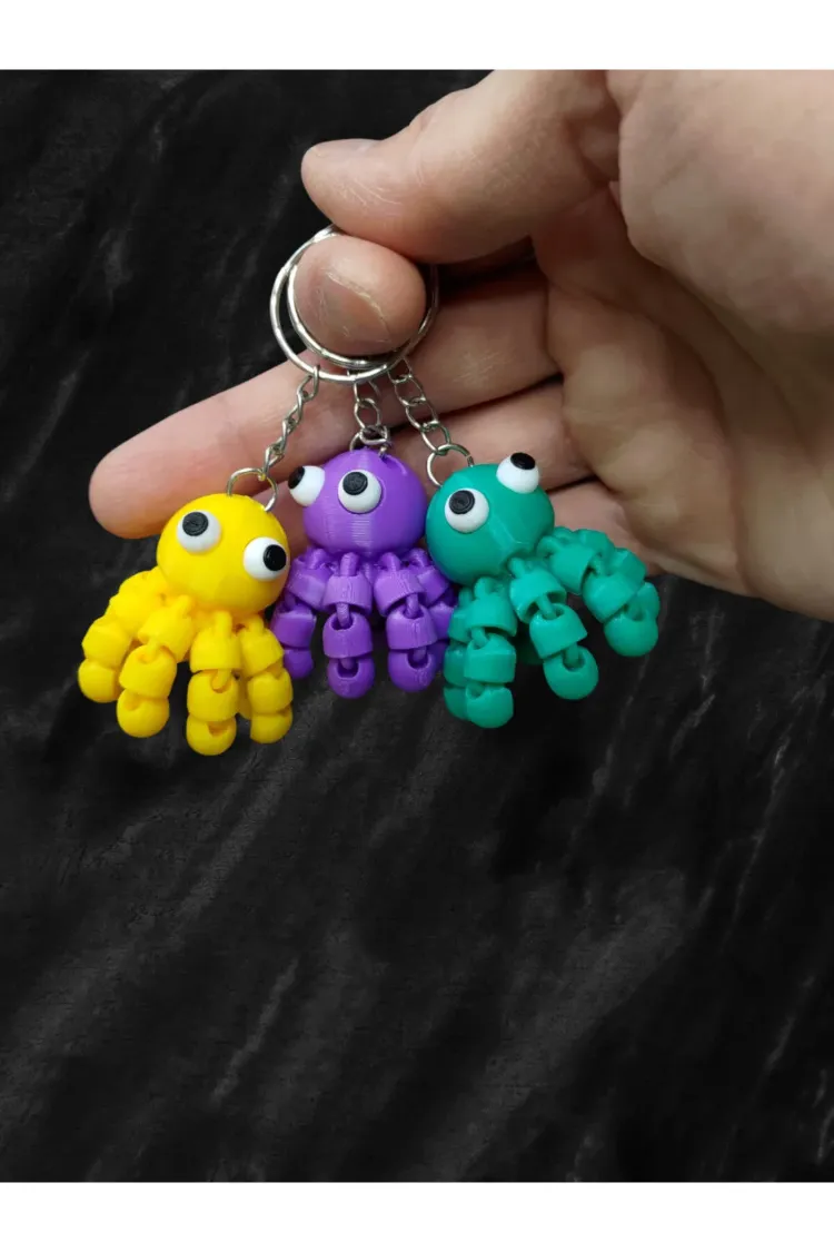 3 ADET Eklemli Sevimli Mini Ahtapot Anahtarlık - Çanta Süsü PLA Plastik