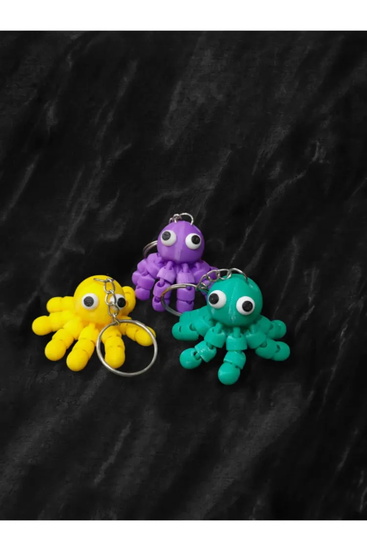 3 ADET Eklemli Sevimli Mini Ahtapot Anahtarlık - Çanta Süsü PLA Plastik